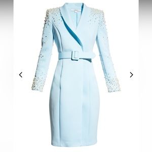 Badgley Mischka collection Pearl embellished shawl collar dress